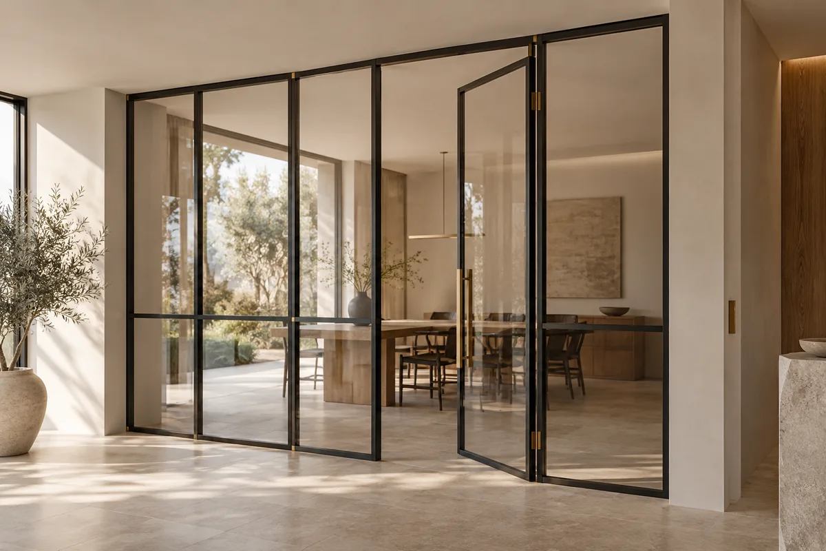 Hochwertige architektonische Stahl-Glas-Türkonstruktion mit filigranen Profilen und Messingbeschlägen