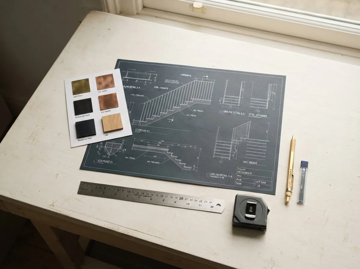 Pläne, Skizzen und Materialmuster aus Stahl, Edelstahl, Messing und Kupfer für die persönliche Projektberatung