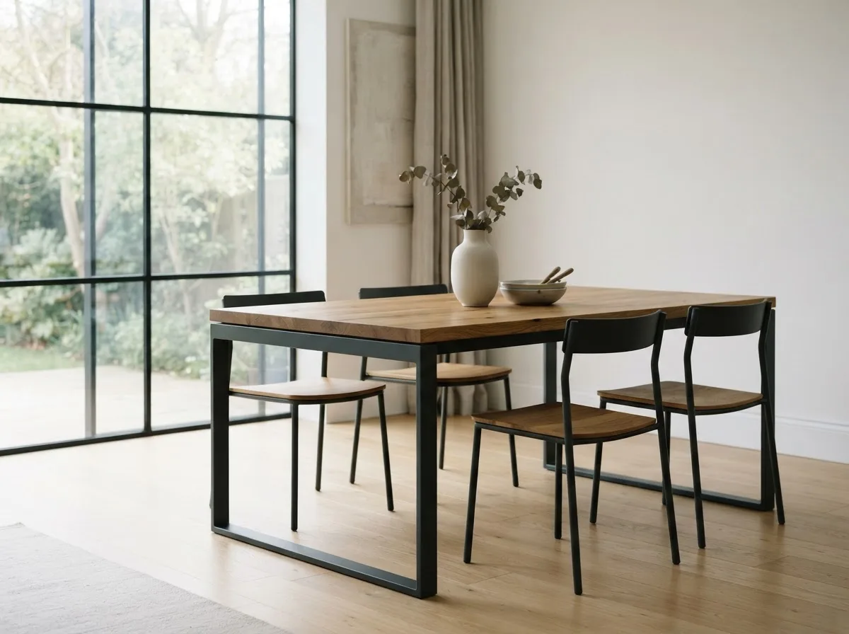 Maßgefertigter Esstisch mit schlankem anthrazitfarbenem Stahlgestell und Eichenholzplatte in hellem Interieur.