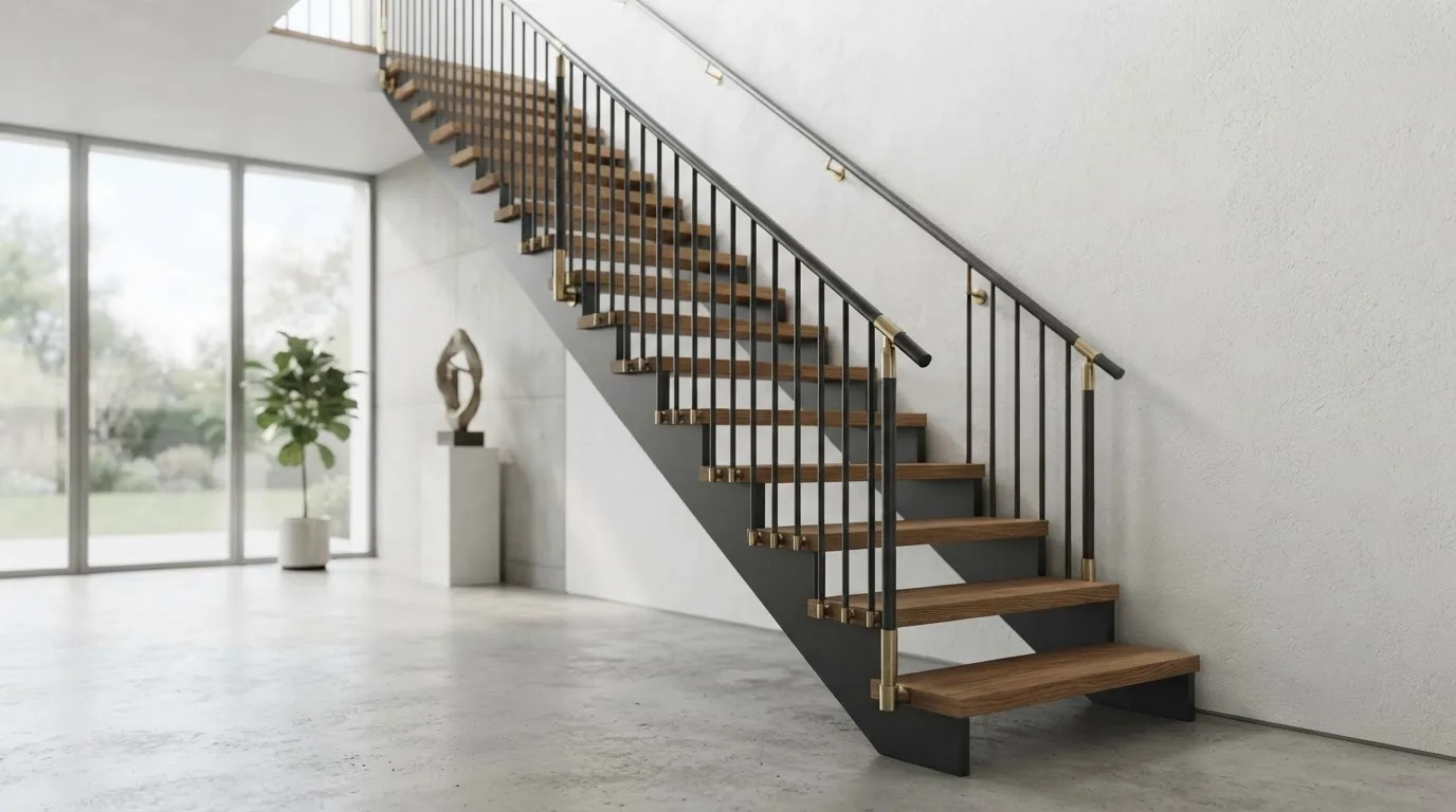 Architektonische Metallkonstruktion mit präzise ausgeführtem Geländer und Messingdetails in einem hellen minimalistischen Raum.