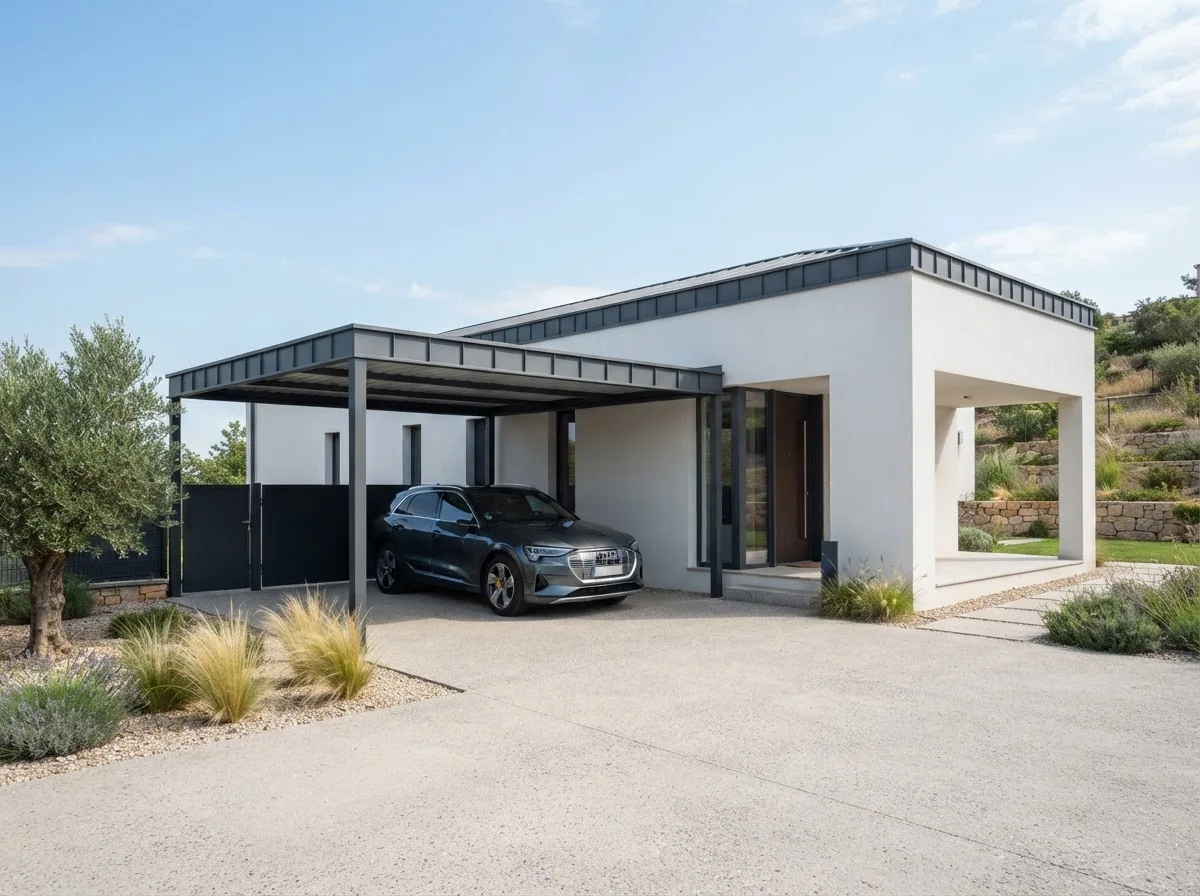 Modernes Carport mit schlanker anthrazitfarbener Stahlkonstruktion an einem minimalistischen weißen Haus.