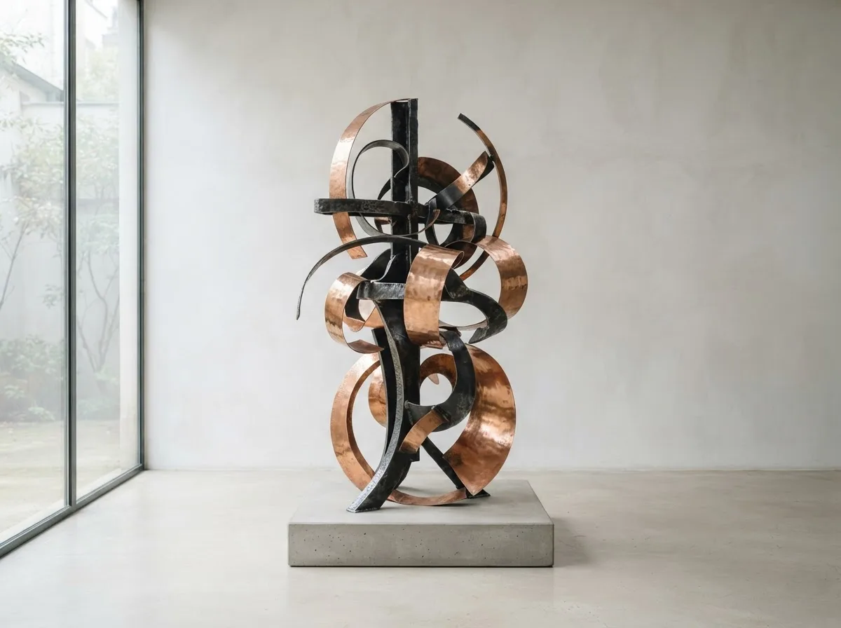 Individuelle Metallskulptur aus Stahl und Kupfer als Sonderanfertigung in einem hellen Studio.